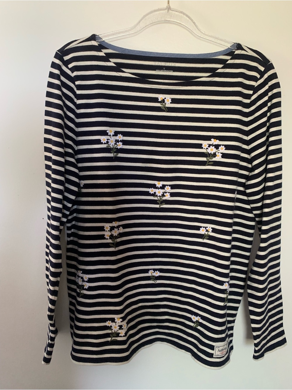 Talbots Black & White Striped Long-Sleeve Tee with Dainty Floral Embroidery